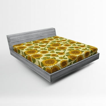 Ambesonne Vintage Fitted Sheet, Funky Style Sunflower, Full Size, Green Yellow