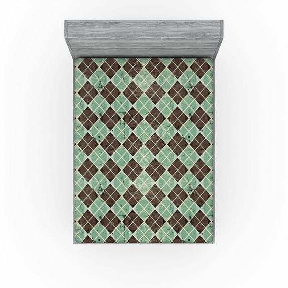 Ambesonne Vintage Fitted Sheet, Geometric Boho Lozenges, Full Size, Peacock Green Taupe