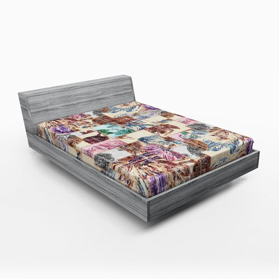Ambesonne Vintage Fitted Sheet, Grunge Abstract Floral Art, Queen Size, Champagne and Multicolor