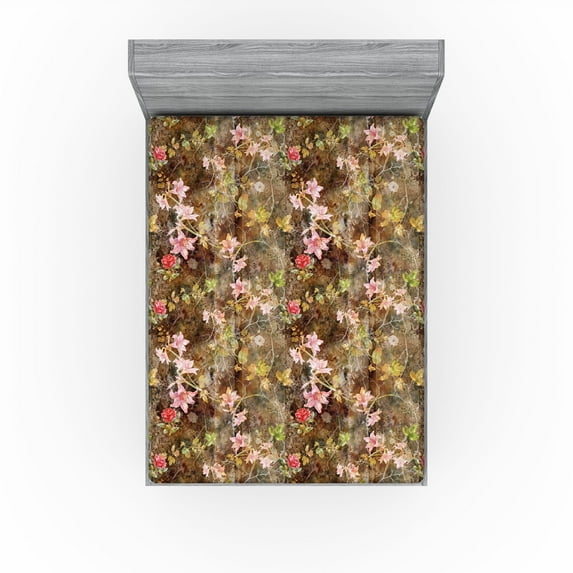 Ambesonne Vintage Fitted Sheet, Grunge Floral Ornament Rose, California King, Caramel Coral and Mustard
