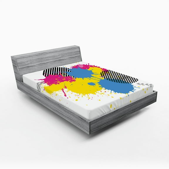 Ambesonne Vintage Fitted Sheet, Grunge Ink Splatter, Full Size, Yellow Pink