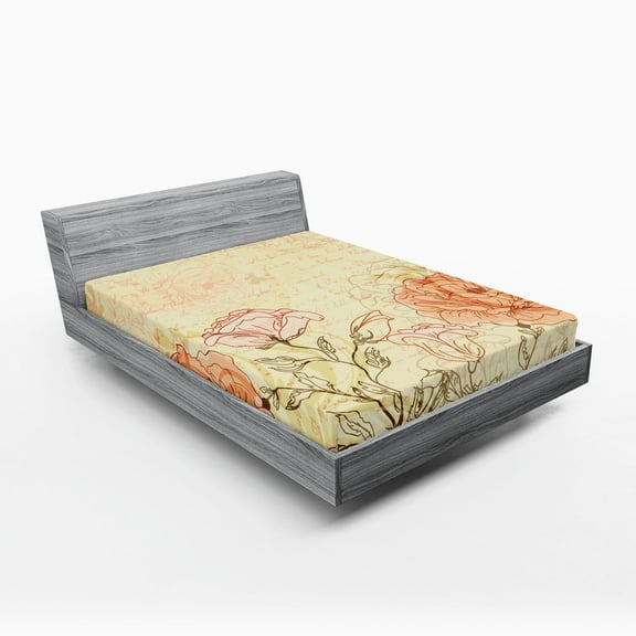 Ambesonne Vintage Fitted Sheet, Grunge Retro Flowers, Full Size, Cream Pink