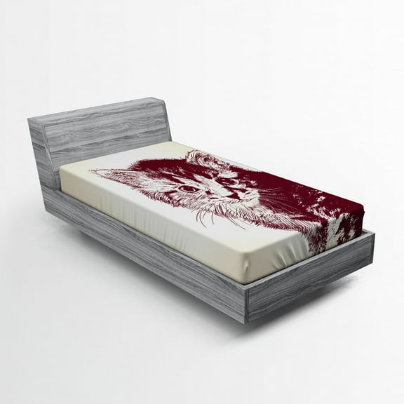 Ambesonne Vintage Fitted Sheet, Grunge Retro Kitty Cat, Twin Size, Maroon Cream