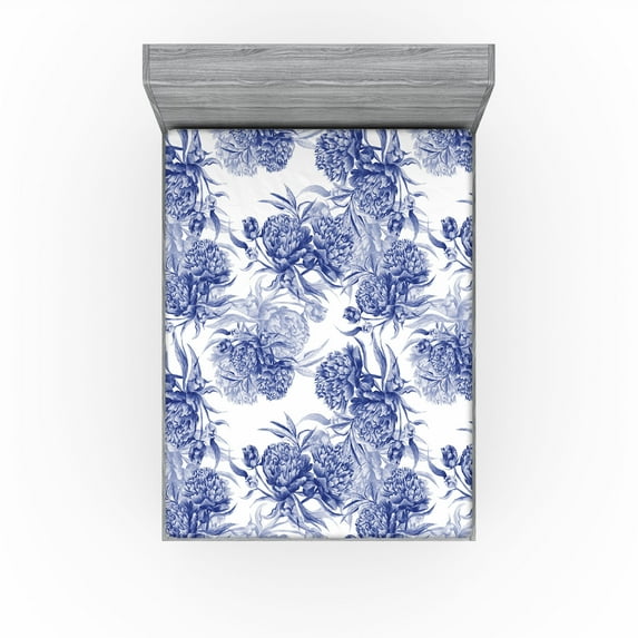 Ambesonne Vintage Fitted Sheet, Hand-Drawn Monochrome Flora, Queen Size, Dark Ceil Blue and Grey