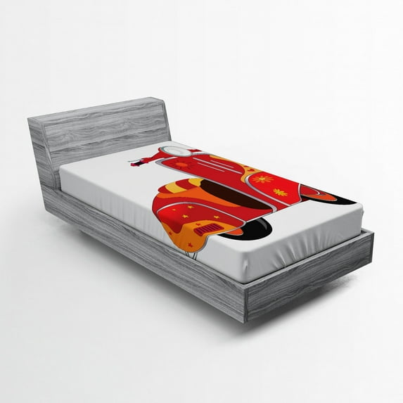 Ambesonne Vintage Fitted Sheet, Hippie Urban Scooter, Twin XL Size, Red Orange