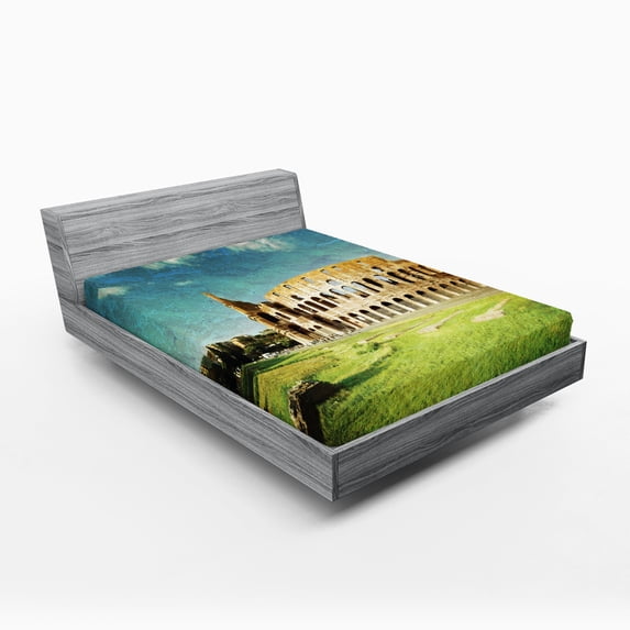 Ambesonne Vintage Fitted Sheet, Italian Sunset Rome, Queen Size, Green Blue
