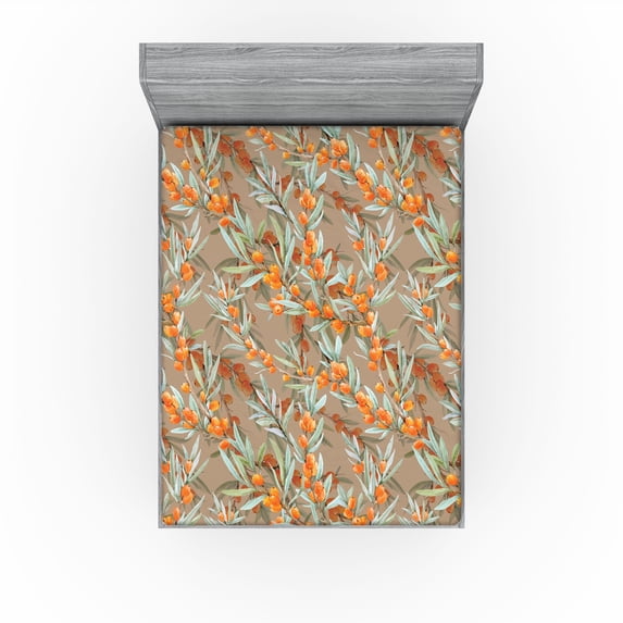 Ambesonne Vintage Fitted Sheet, Leaves Sea Buckthorn Berry, King Size, Dark Orange Pale Green