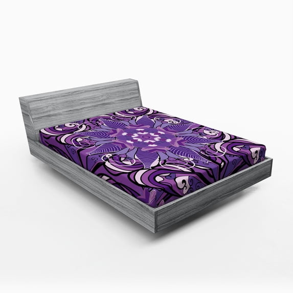 Ambesonne Vintage Fitted Sheet, Mandala Motif Illustration, Full Size, Lavender Violet White