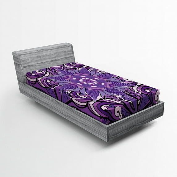 Ambesonne Vintage Fitted Sheet, Mandala Motif Illustration, Twin Size, Lavender Violet White