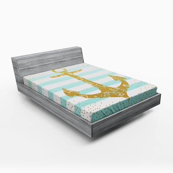 Ambesonne Vintage Fitted Sheet, Marine Golden Anchor, Queen Size, Pale Blue White