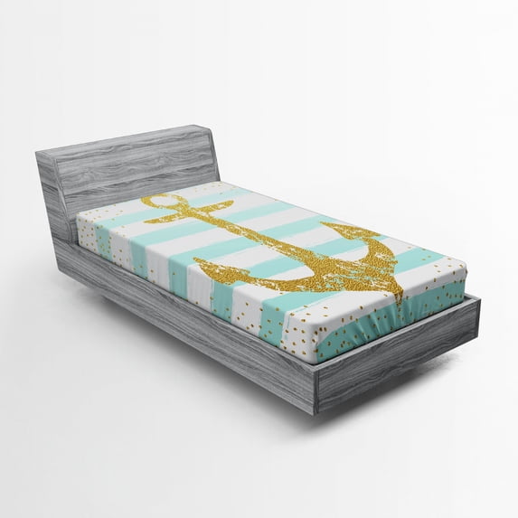 Ambesonne Vintage Fitted Sheet, Marine Golden Anchor, Twin XL Size, Pale Blue White