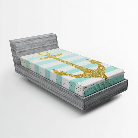 Ambesonne Vintage Fitted Sheet, Marine Golden Anchor, Twin XL Size, Pale Blue White