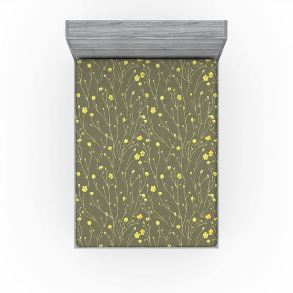 Ambesonne Vintage Fitted Sheet, Mustard-Tone Flowers Art, Full Size, Earth Yellow Fawn Khaki