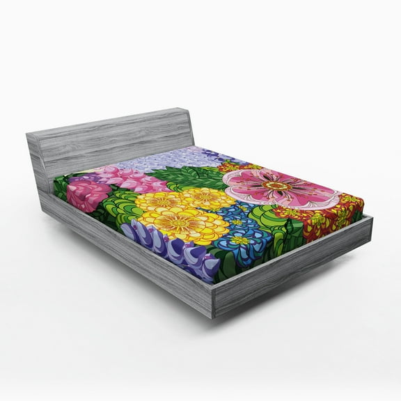 Ambesonne Vintage Fitted Sheet, Nature Flowers Buds, Queen Size, Lilac Green