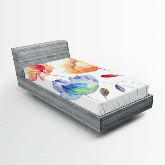 Ambesonne Vintage Fitted Sheet, Nature Flowers, Twin Size, Orange Blue Red