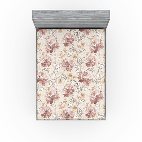 Ambesonne Vintage Fitted Sheet, Nostalgic Floral Print Art, California King, Eggshell and Pale Ruby