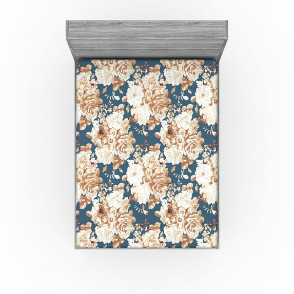 Ambesonne Vintage Fitted Sheet, Nostalgic Summer Flowers, King Size, Persian Orange and Slate Blue