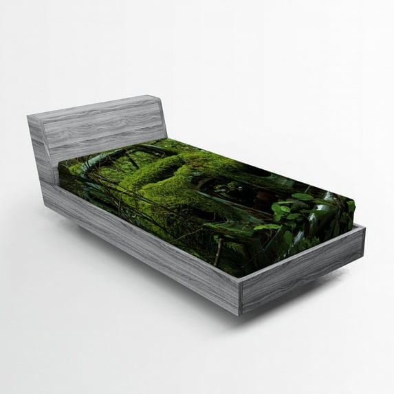 Ambesonne Vintage Fitted Sheet, Old Classic Car Forest, Twin Size, Olive Green and Dimgrey