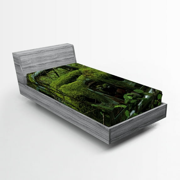 Ambesonne Vintage Fitted Sheet, Old Classic Car Forest, Twin XL Size, Olive Green and Dimgrey
