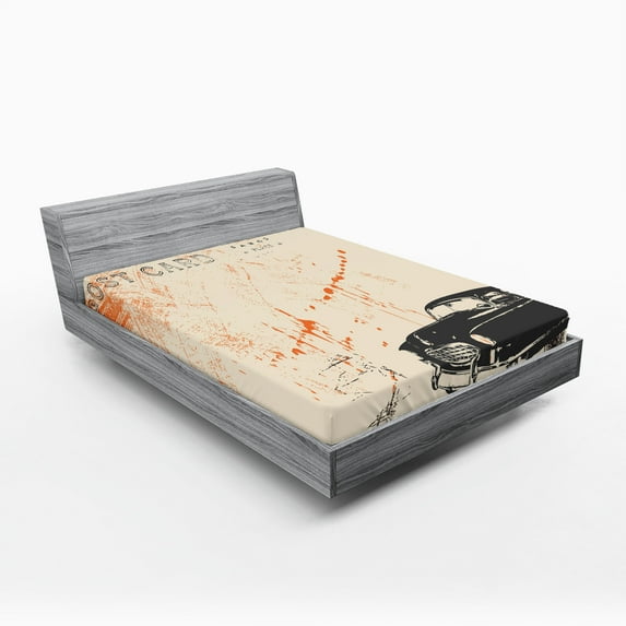 Ambesonne Vintage Fitted Sheet, Old Fashioned Car Art, Queen Size, Beige Black