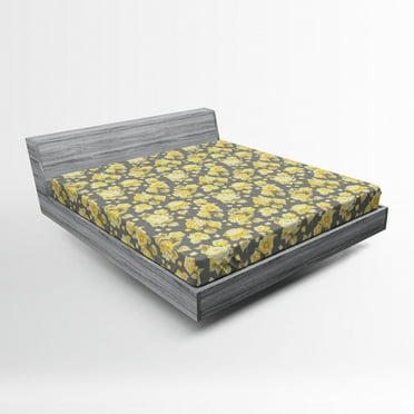 Ambesonne Vintage Fitted Sheet, Old Hydrangea Flowers, Full Size, Yellow Grey Green