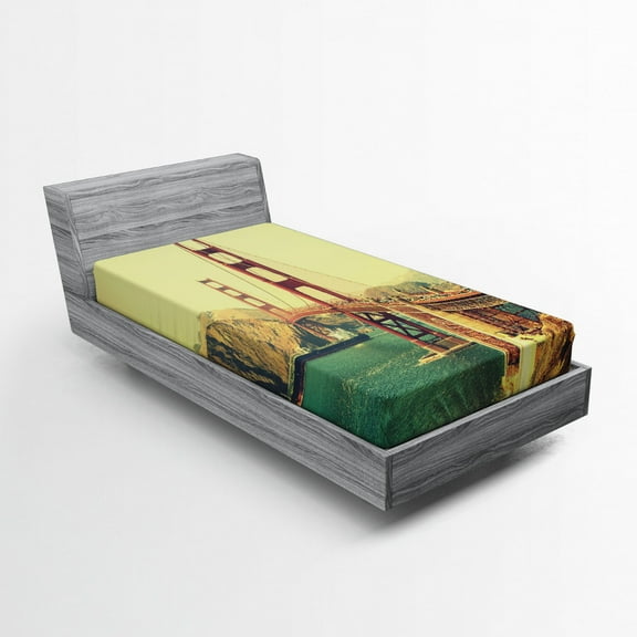 Ambesonne Vintage Fitted Sheet, Old Style Bridge View, Twin XL Size, Brown and Blue