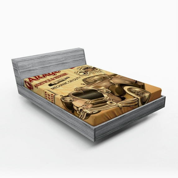 Ambesonne Vintage Fitted Sheet, Old Style Car Repair, Queen Size, Sepia Red