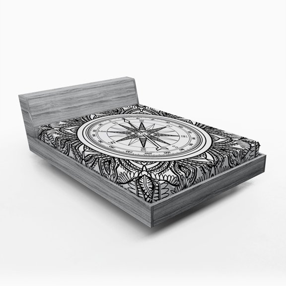 Ambesonne Vintage Fitted Sheet, Ornate Floral Wind Rose, Full Size, Black White