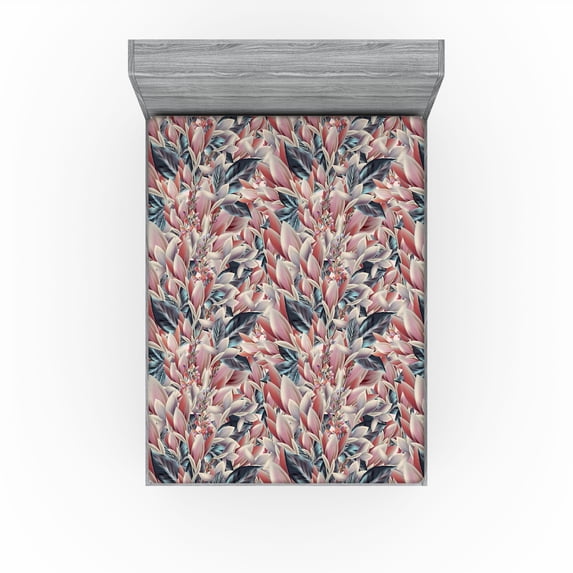 Ambesonne Vintage Fitted Sheet, Overlapped Field Flowers, Full Size, Pale Maroon and Dark Teal