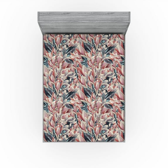 Ambesonne Vintage Fitted Sheet, Overlapped Field Flowers, Queen Size, Pale Maroon and Dark Teal