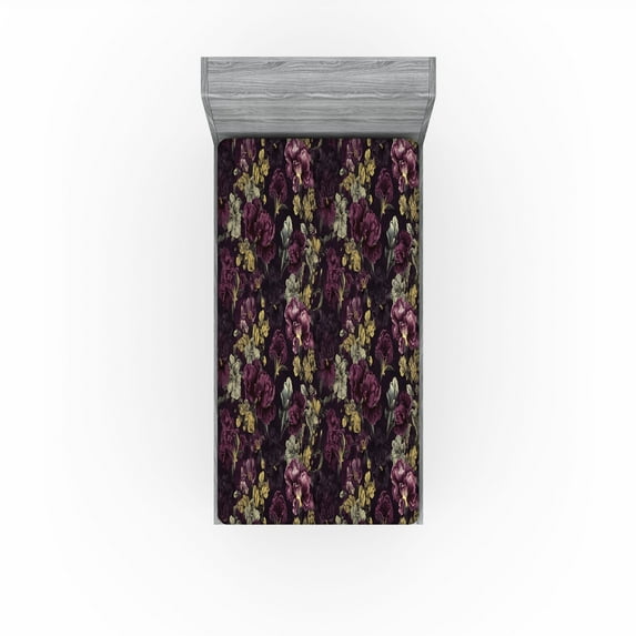 Ambesonne Vintage Fitted Sheet, Pansy Flowers Hand-Drawn, Twin Size, Dark Maroon Fawn and Taupe