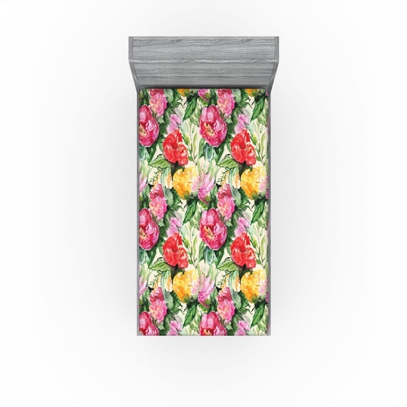 Ambesonne Vintage Fitted Sheet, Peony Rose Flowers Pattern, Twin XL Size, Dark Orange Fern Green