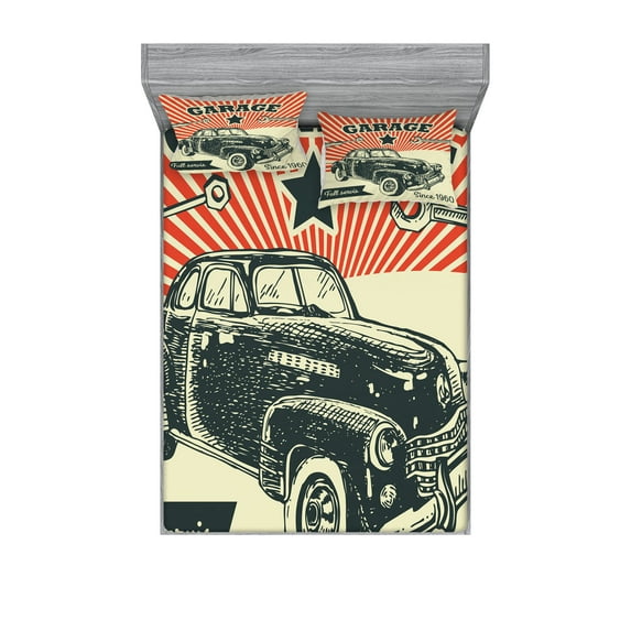 Ambesonne Vintage Fitted Sheet & Pillow Sham Set, 60's Retro Car Pop Art, Full, Emerald Orange