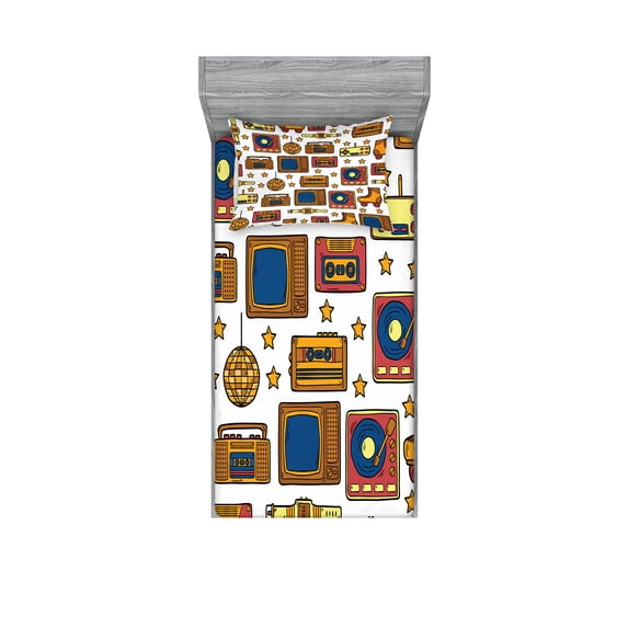 Ambesonne Vintage Fitted Sheet & Pillow Sham Set, 90s Theme Retro Fun Items, Twinxl, Mustard