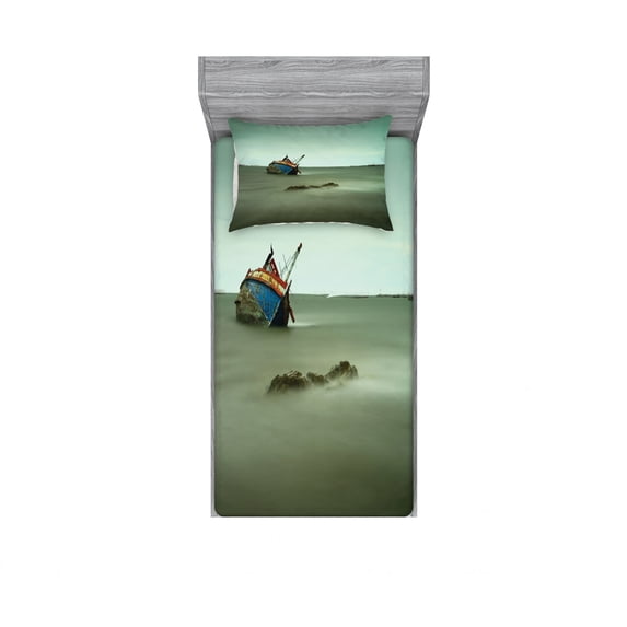 Ambesonne Vintage Fitted Sheet & Pillow Sham Set, Abandoned Fishing Boat, Twinxl, Grey Blue