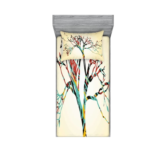 Ambesonne Vintage Fitted Sheet & Pillow Sham Set, Abstract Colorful Tree, Twinxl, Multicolor