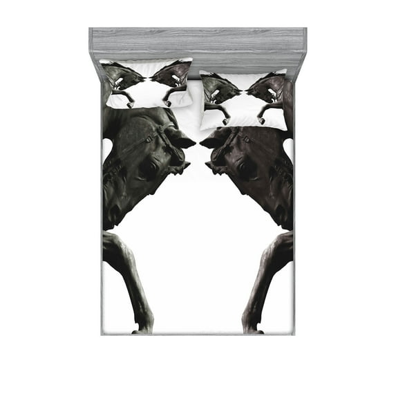 Ambesonne Vintage Fitted Sheet & Pillow Sham Set, Abstract Horse, Full, Brown Sage Green