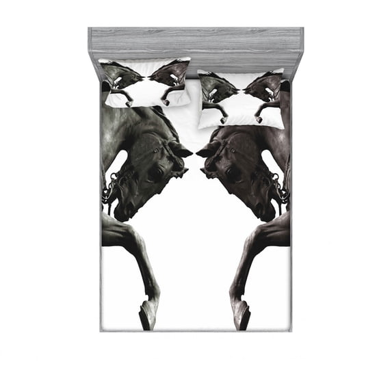 Ambesonne Vintage Fitted Sheet & Pillow Sham Set, Abstract Horse, Queen, Brown Sage Green