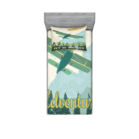 Ambesonne Vintage Fitted Sheet & Pillow Sham Set, Adventure in Sky Plane, Twin, Multicolor