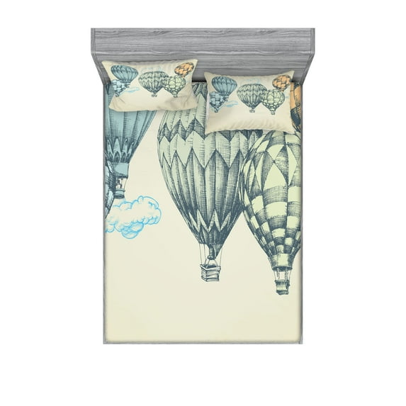 Ambesonne Vintage Fitted Sheet & Pillow Sham Set, Air Balloons in Sky, Queen, Green Blue