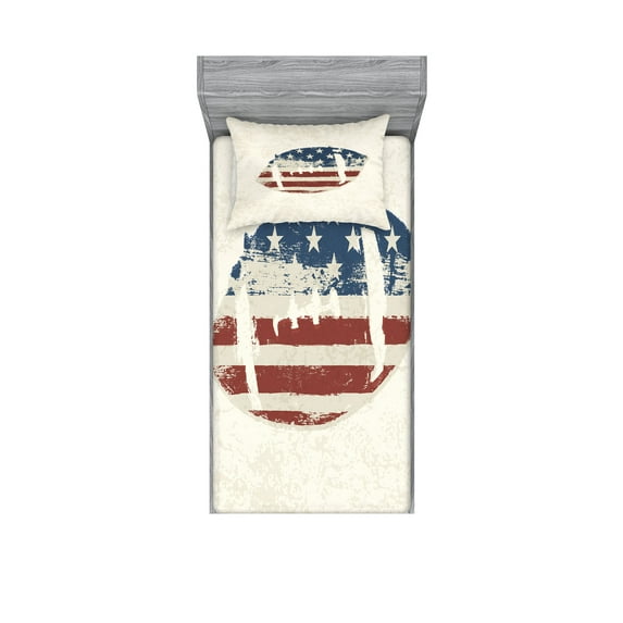 Ambesonne Vintage Fitted Sheet & Pillow Sham Set, American Flag Football, Twinxl, Cream Blue Red