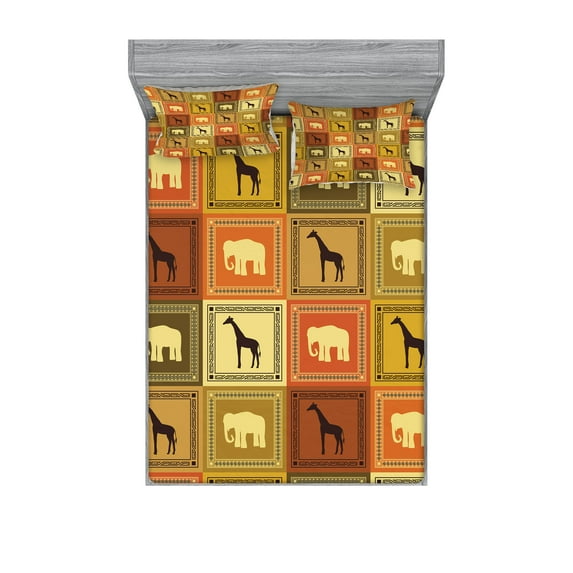 Ambesonne Vintage Fitted Sheet & Pillow Sham Set, Animals Pattern, Queen, Black and Brown