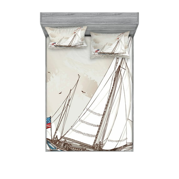 Ambesonne Vintage Fitted Sheet & Pillow Sham Set, Antique American Yacht, Queen, Pale Grey Tan White