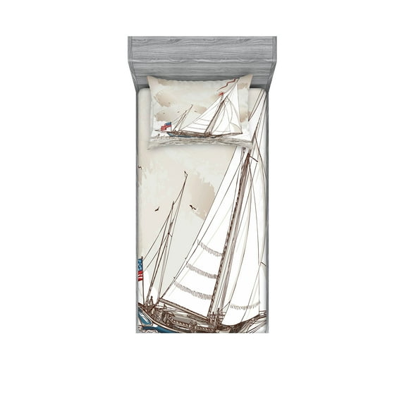 Ambesonne Vintage Fitted Sheet & Pillow Sham Set, Antique American Yacht, Twinxl, Pale Grey Tan White