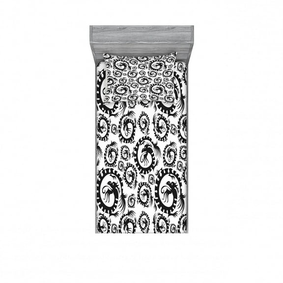 Ambesonne Vintage Fitted Sheet & Pillow Sham Set, Antique Chinese Dragon, Twin, Black and White