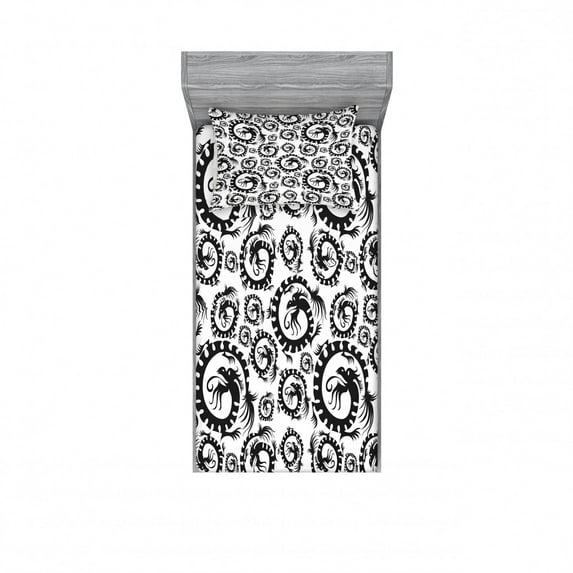 Ambesonne Vintage Fitted Sheet & Pillow Sham Set, Antique Chinese Dragon, Twin, Black and White