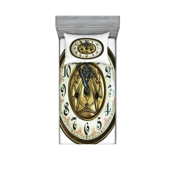 Ambesonne Vintage Fitted Sheet & Pillow Sham Set, Antique Clock with Face, Twinxl, Multicolor