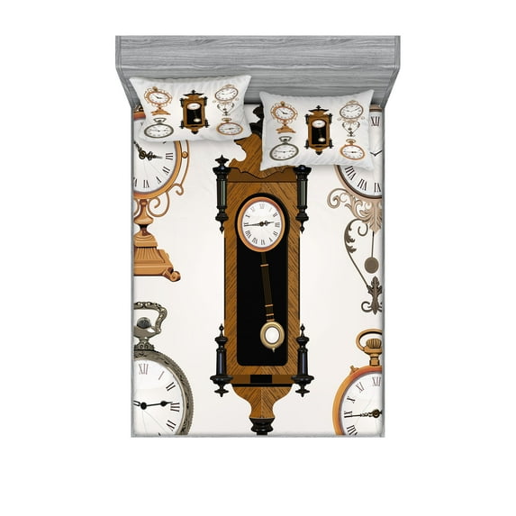 Ambesonne Vintage Fitted Sheet & Pillow Sham Set, Antique Clocks Pattern, Queen, Umber and Beige