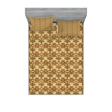 Ambesonne Vintage Fitted Sheet & Pillow Sham Set, Antique Flower Pattern, Queen, Beige and Caramel