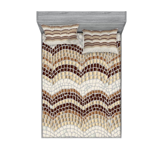 Ambesonne Vintage Fitted Sheet & Pillow Sham Set, Antique Mosaic Effect, Queen, Beige Brown Tan